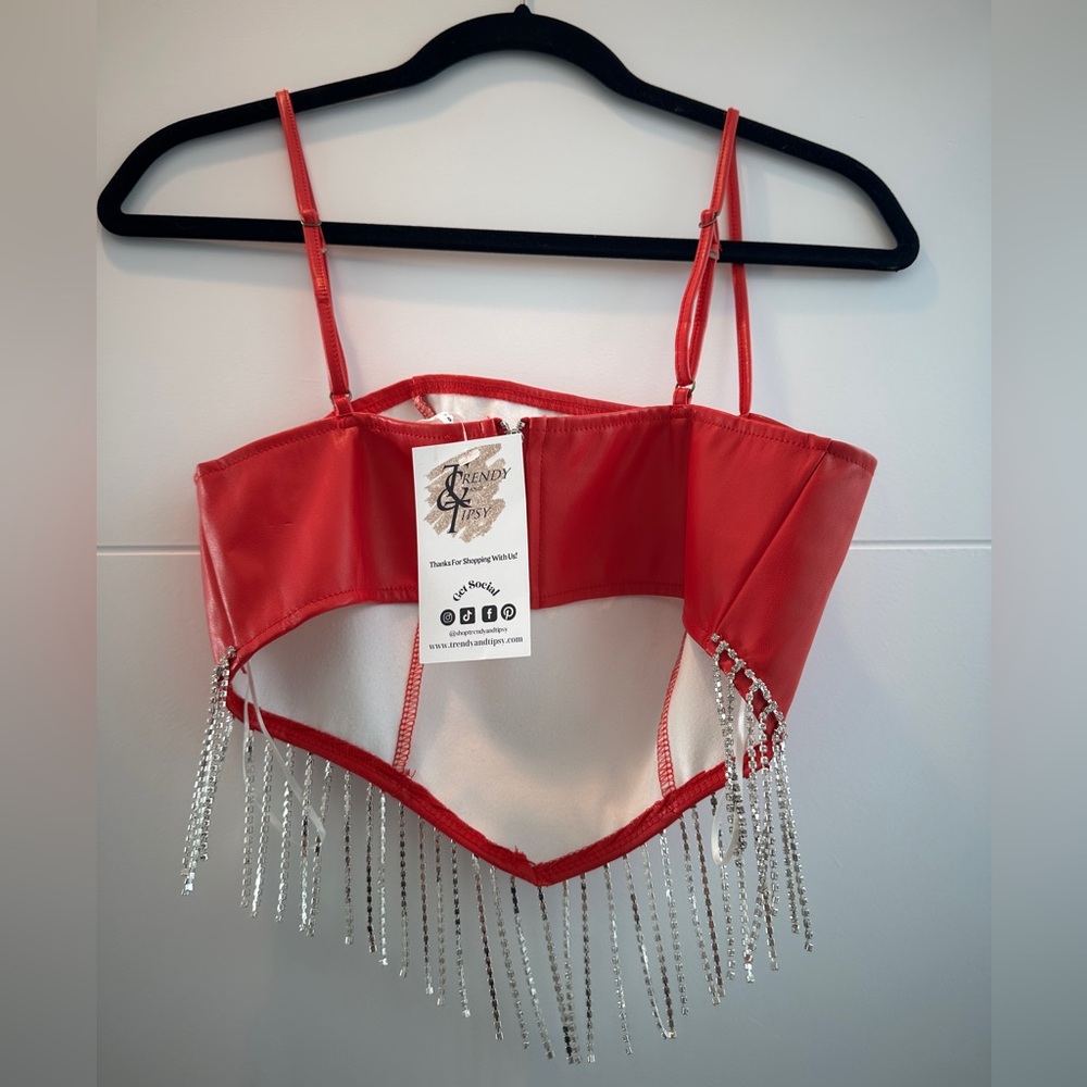 Trendy & Tipsy Red Rhinestone Fringe Crop Top Festival Going Out | NWT Size S - Picture 11 of 14